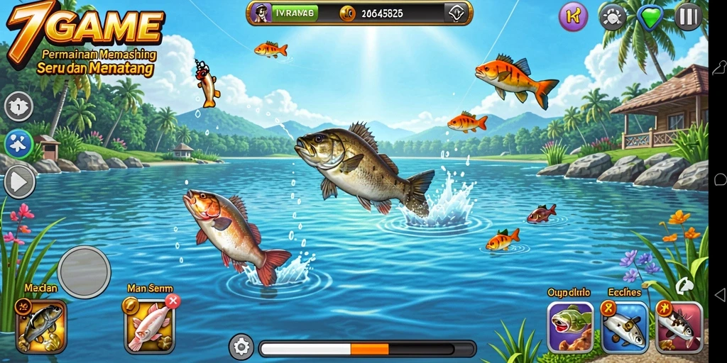 Gameplay seru dari 7GAME saat menangkap ikan di berbagai lokasi.