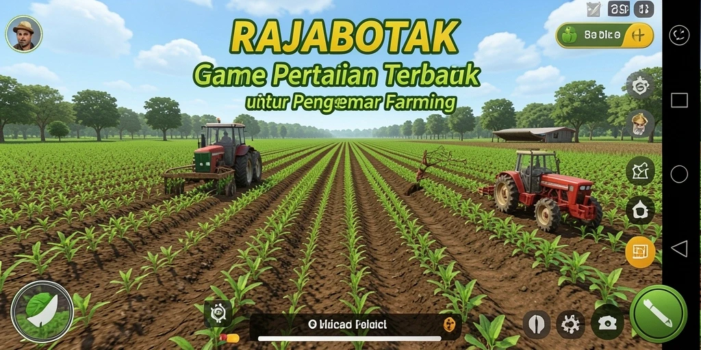 Screenshot utama RAJABOTAK menampilkan pemain saat bertani di ladang.