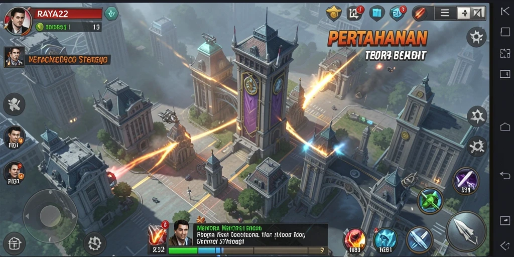 Tampilan gameplay menegangkan dari RAYA22 dengan menara dan musuh.
