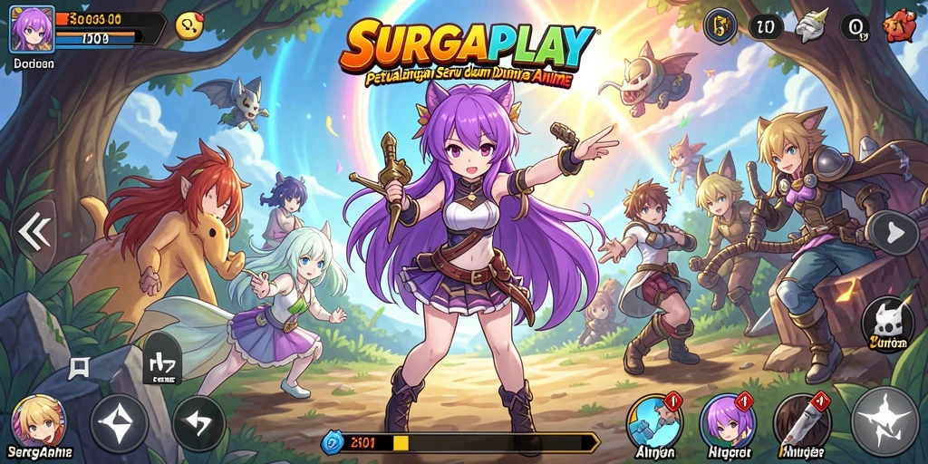 Screenshot utama SURGAPLAY menampilkan aksi seru karakter Anime.